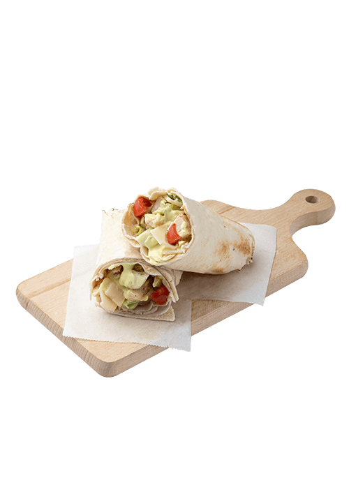 Arabic pita with chicken, Caesars sauce, and parmesan flakes