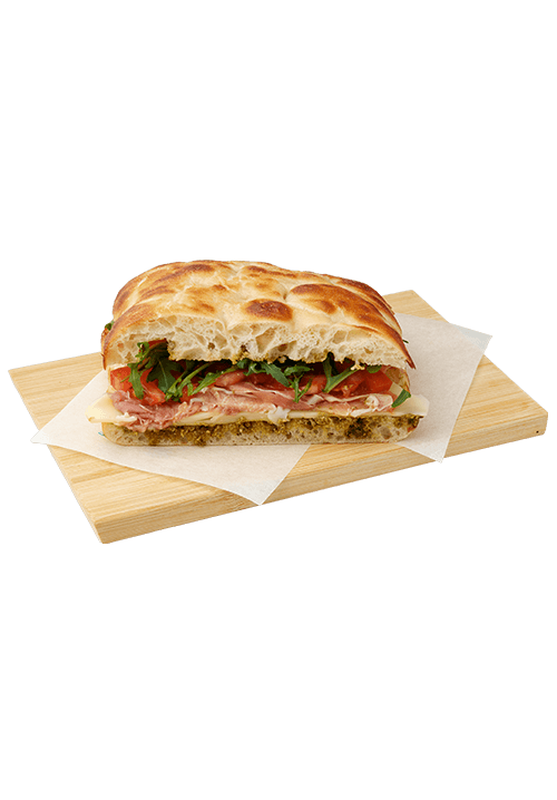 Focaccia italiana με προσούτο, μοτσαρέλα, πέστο βασιλικού, ντομάτα, ρόκα