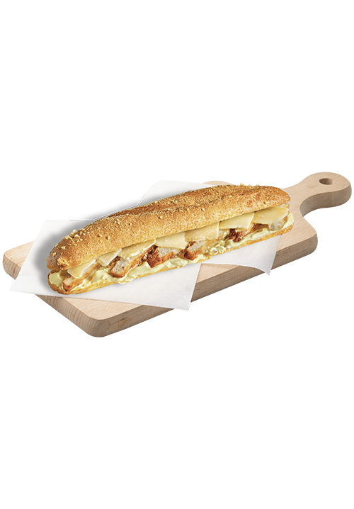 Μπαγκέτα καλαμποκιού με κοτόπουλο,παρμεζά και chicken σως