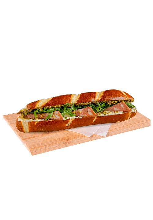 Pretzel ΖΕΟ με μορταδέλα Εν Ελλάδι, παρμεζάνα, pesto βασιλικού & φυστίκι Αιγίνης