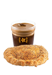 Espresso Freddo 12oz & Χειροποίητη Πίτα με γραβιέρα Κρήτης & κομμάτι χοιρινού φιλέτου