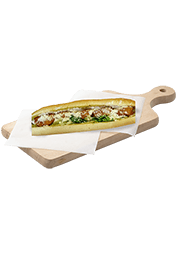 White baguette with chicken, cheese, lettuce, caesars sauce, parmesan