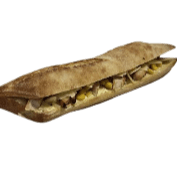 White baguette with chicken, cheese, lettuce, Caesar sauce, Parmesan, and corn