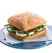 Mini chiabatta with mozzarella, baby arugula and basil pesto