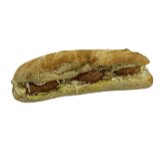 White baguette with chicken bites, iceberg lettuce, kefalotyri cheese, and Caesar sauce