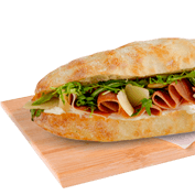 Panini με προζύμι με προσούτο, flakes παρμεζάνας, cream cheese, ρόκα και σως μουστάρδας