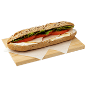 Multigrain Baguette with smoked turkey, Gouda cheese, cream cheese, tomato and lollo lettuce.
