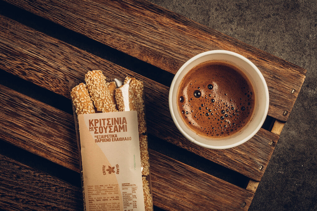 Coffee Island's new breadsticks with sesami seads served with coffee.