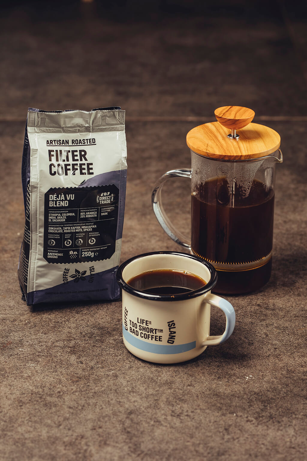 Coffee Island's filter coffee package, coffee press and mug