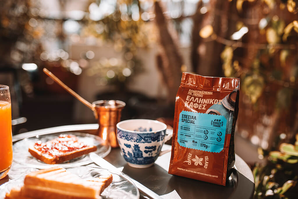 Coffee Island's special ibrik coffee package on a table.