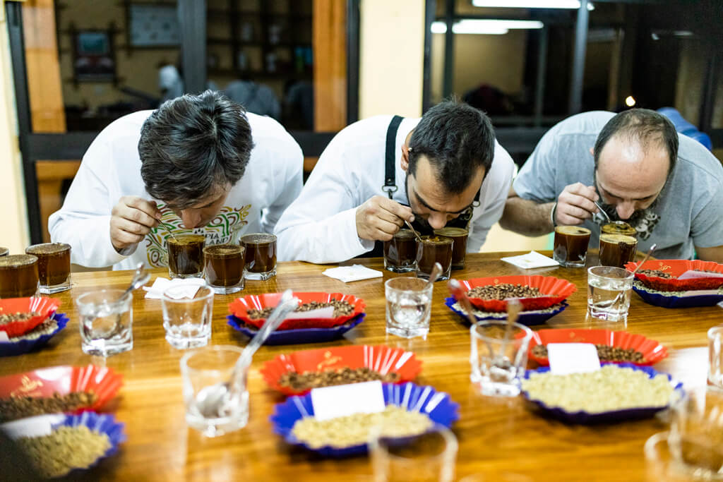 Coffee Island's staff tasting coffee in Ethiopia. 