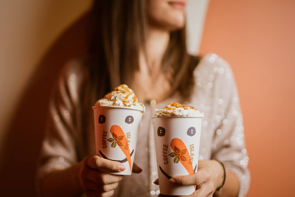 Coffee Island's caramel bond latte and caramel bond chocolate.