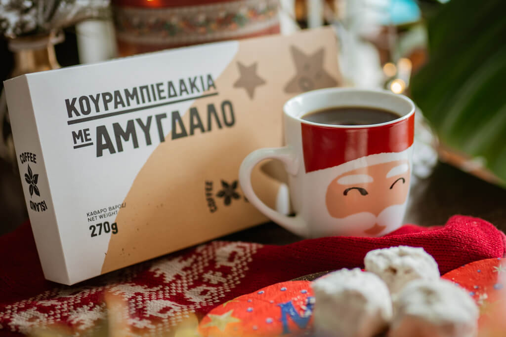 Coffee Island's almond kourabiedes and Coffee Island's Santa Claus mug.