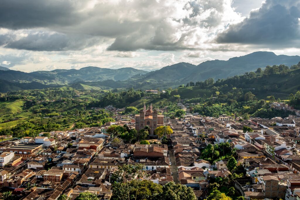 Town with buildings and trees.