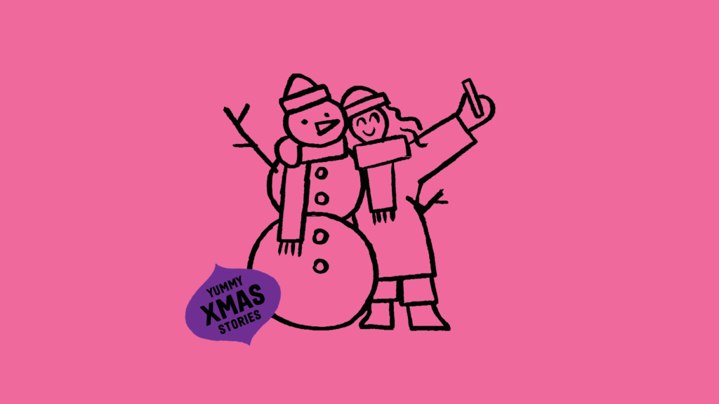 Snowman hugging person.